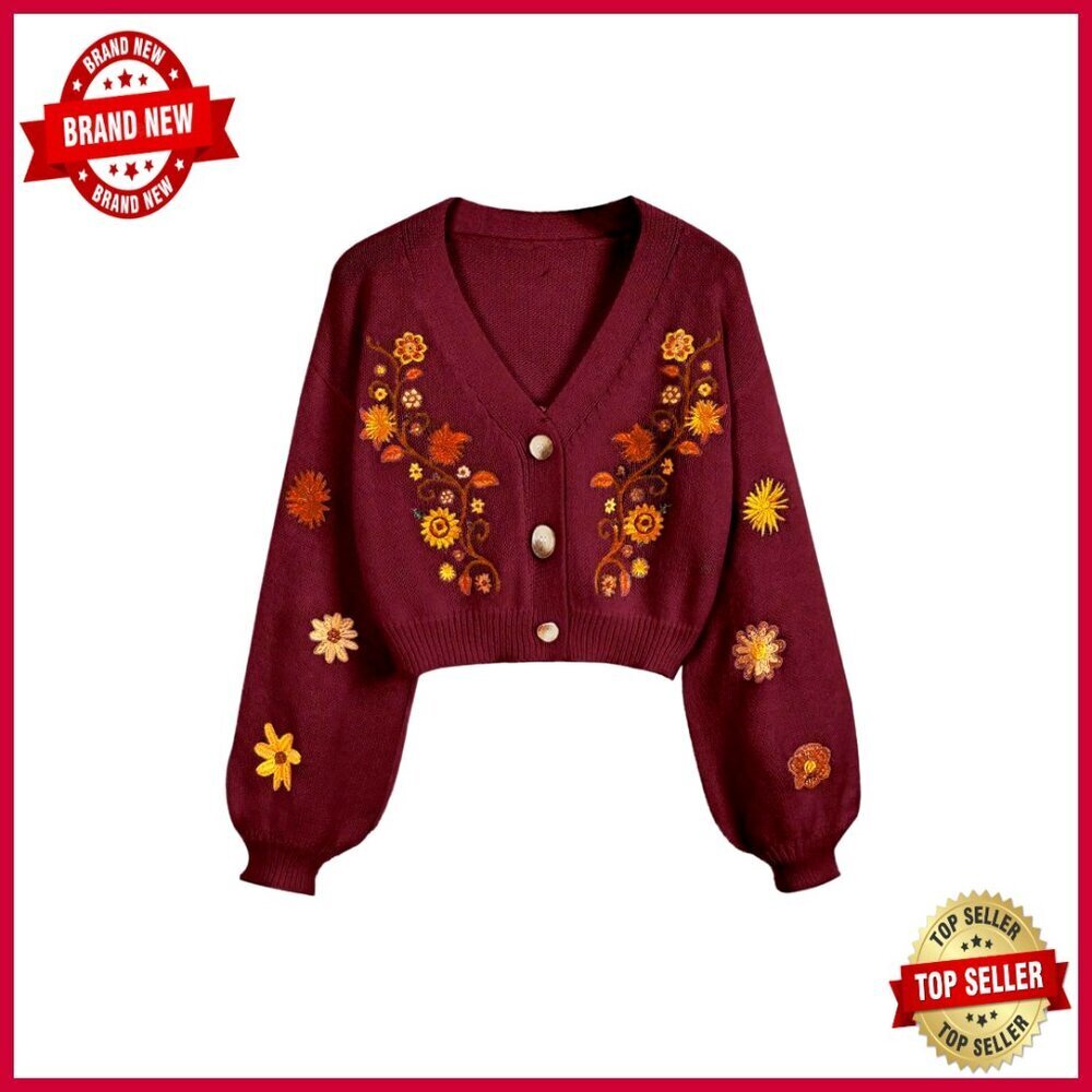 Cropped Cardigan Sweater Floral Embroidery Button Front Long Sleeve